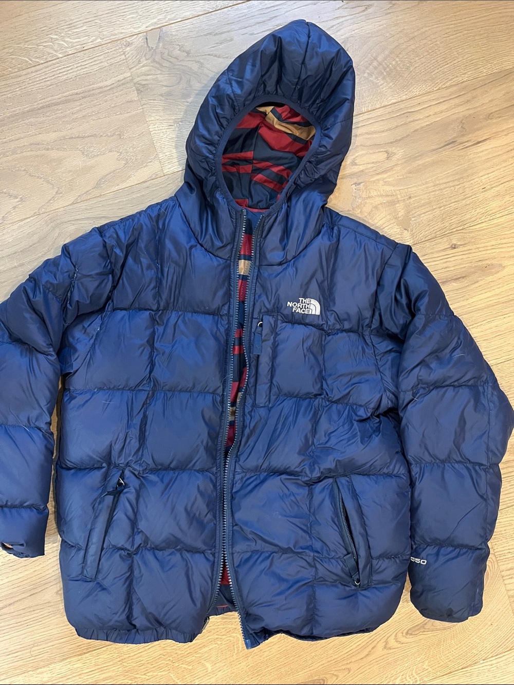 The North Face Reversible NavyBlue / Striped Hooded Puffer Jacket